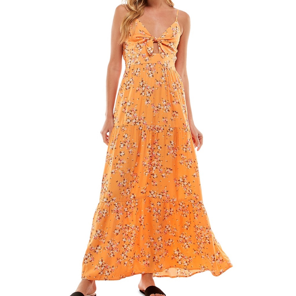 Kingston Grey Juniors' Floral Tie-Front Tiered Maxi Dress